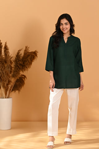Elira Short Cotton Kurta- Forest Green