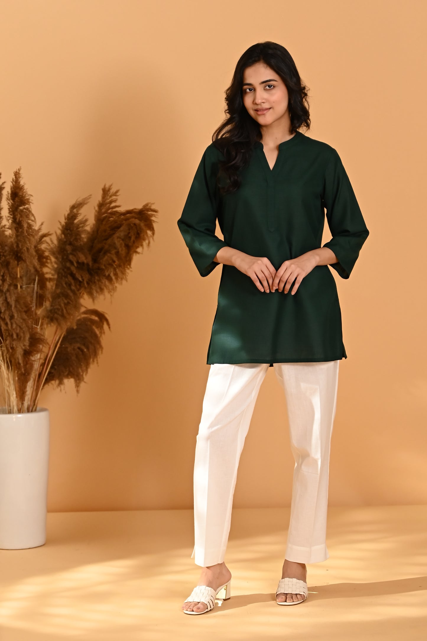 Elira Short Cotton Kurta- Forest Green