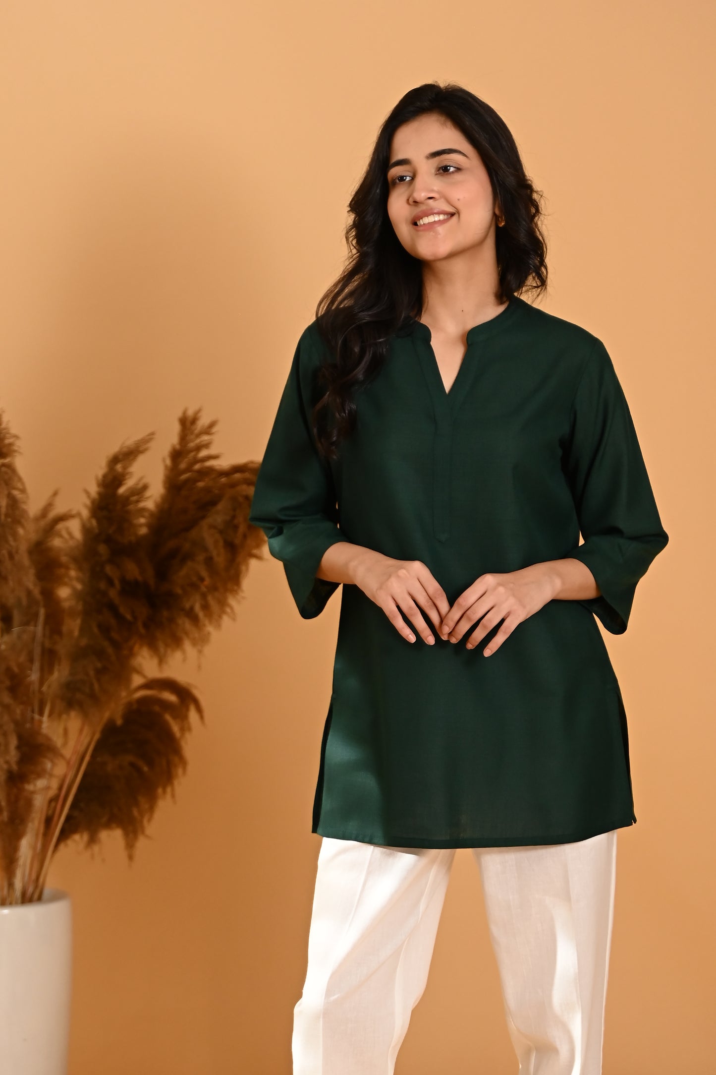 Elira Short Cotton Kurta- Forest Green