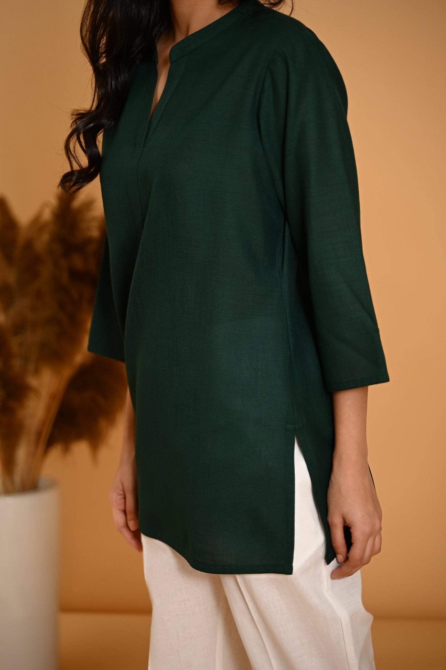 Elira Short Cotton Kurta- Forest Green