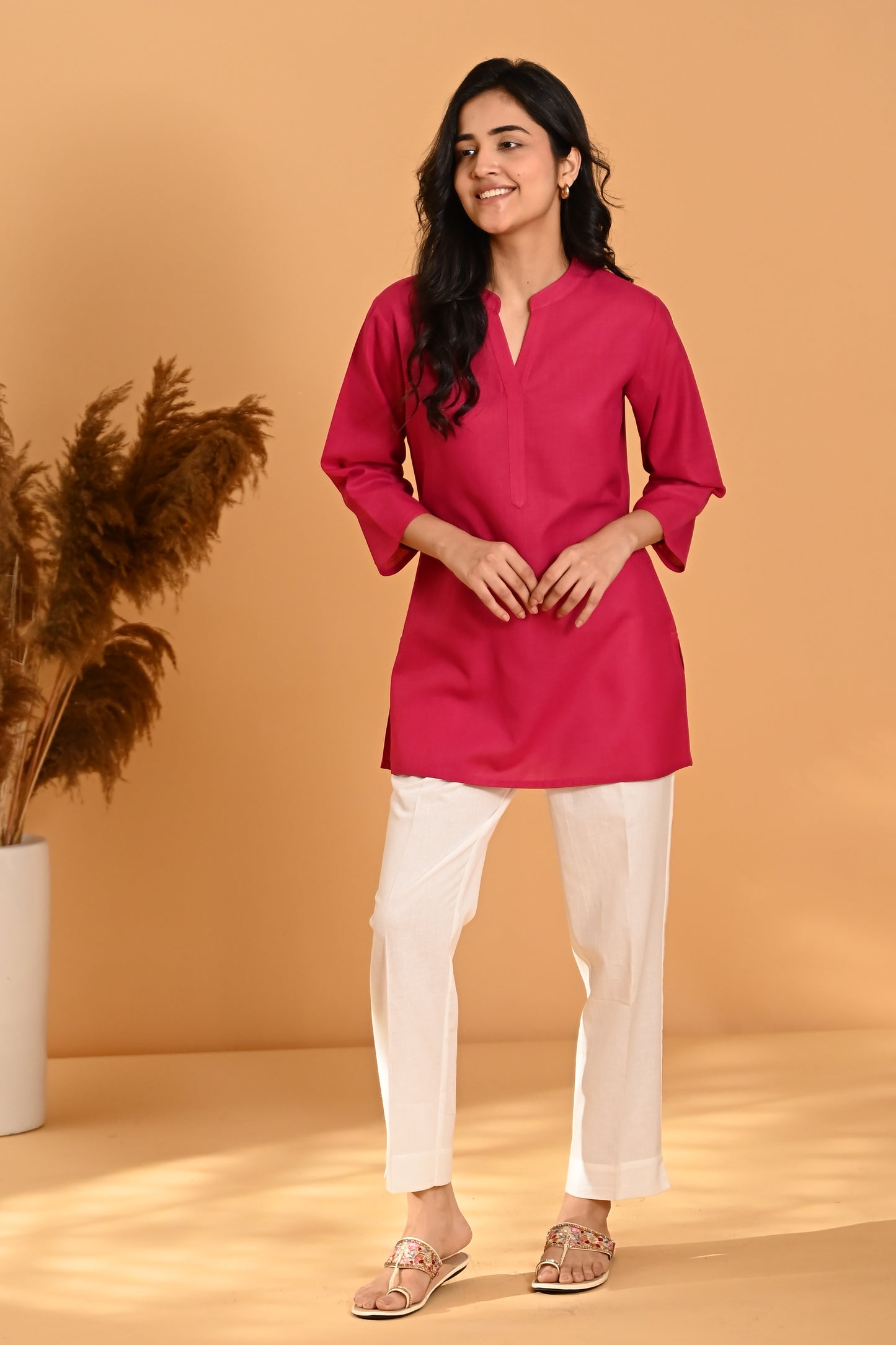 Elira Short Cotton Kurta- Raspberry Pink