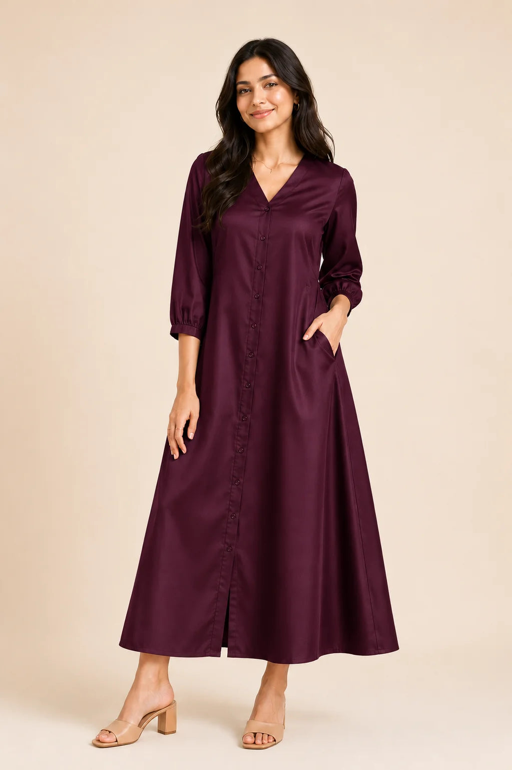 Maroon Button Down A-Line Midi Dress with Pockets