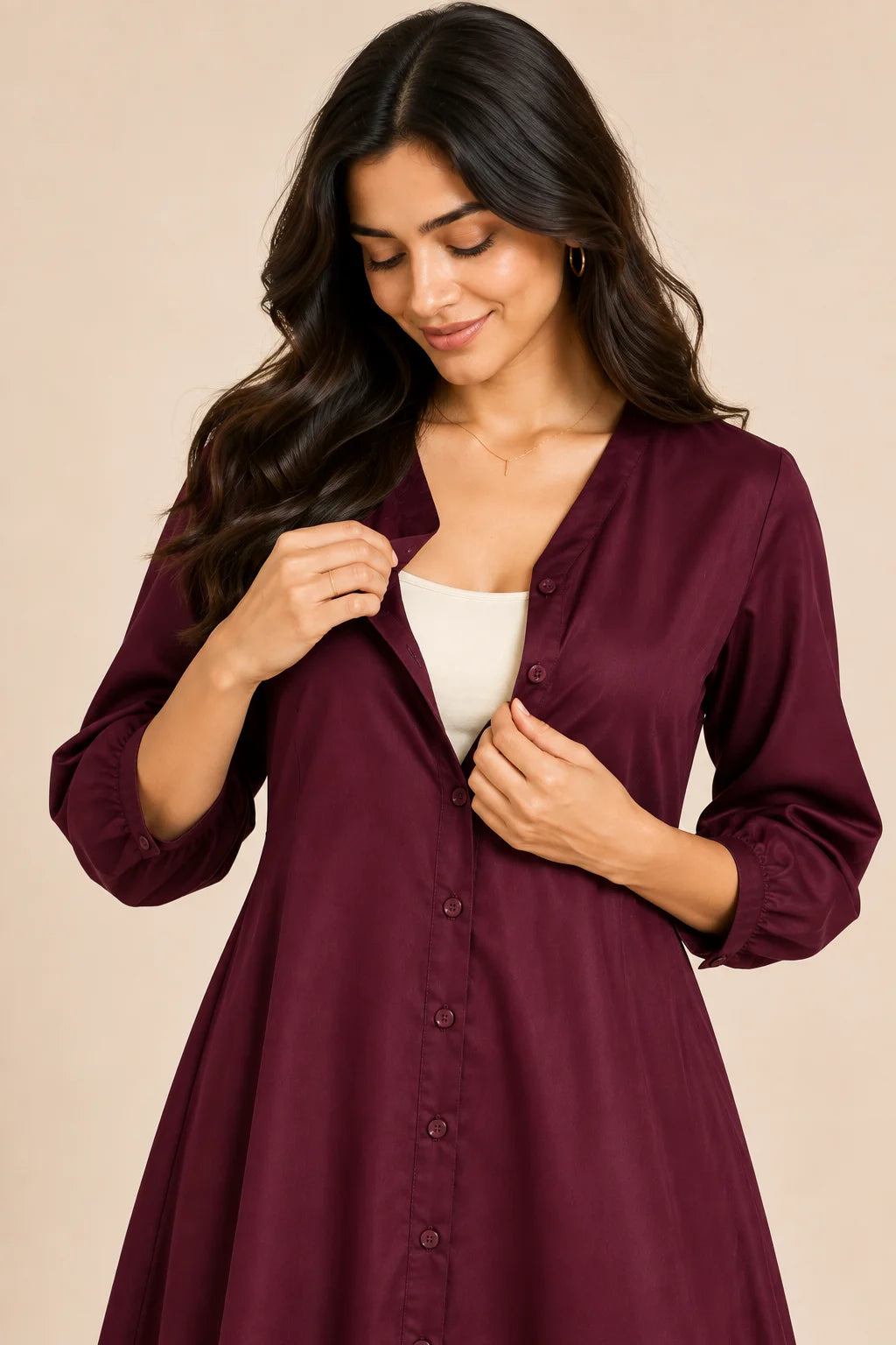 Maroon Button Down A-Line Midi Dress with Pockets