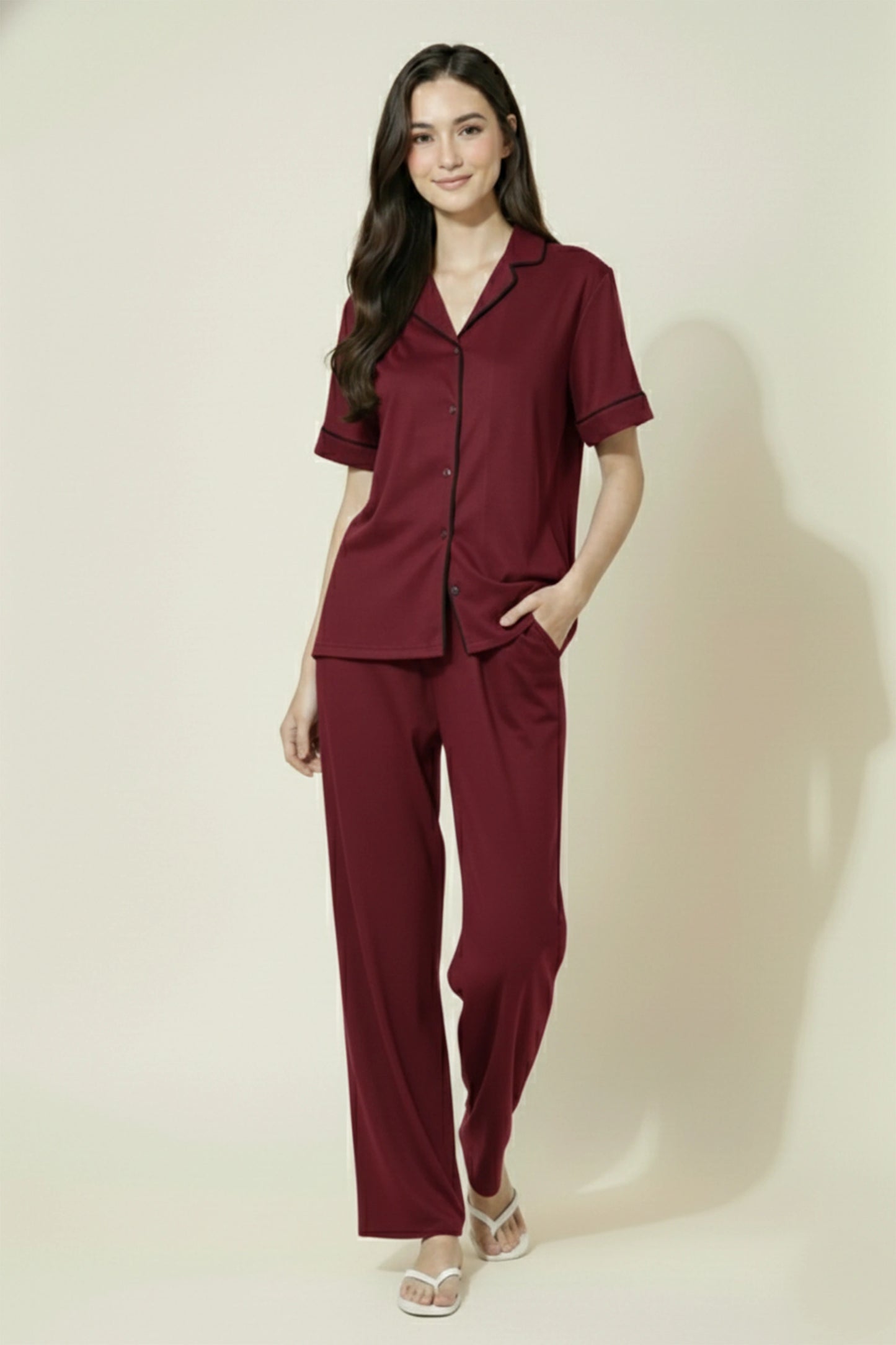 Maroon Cotton Night Suit for Women with Contrast Piping - Half Sleeve