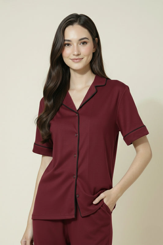 Maroon Cotton Night Suit for Women with Contrast Piping - Half Sleeve