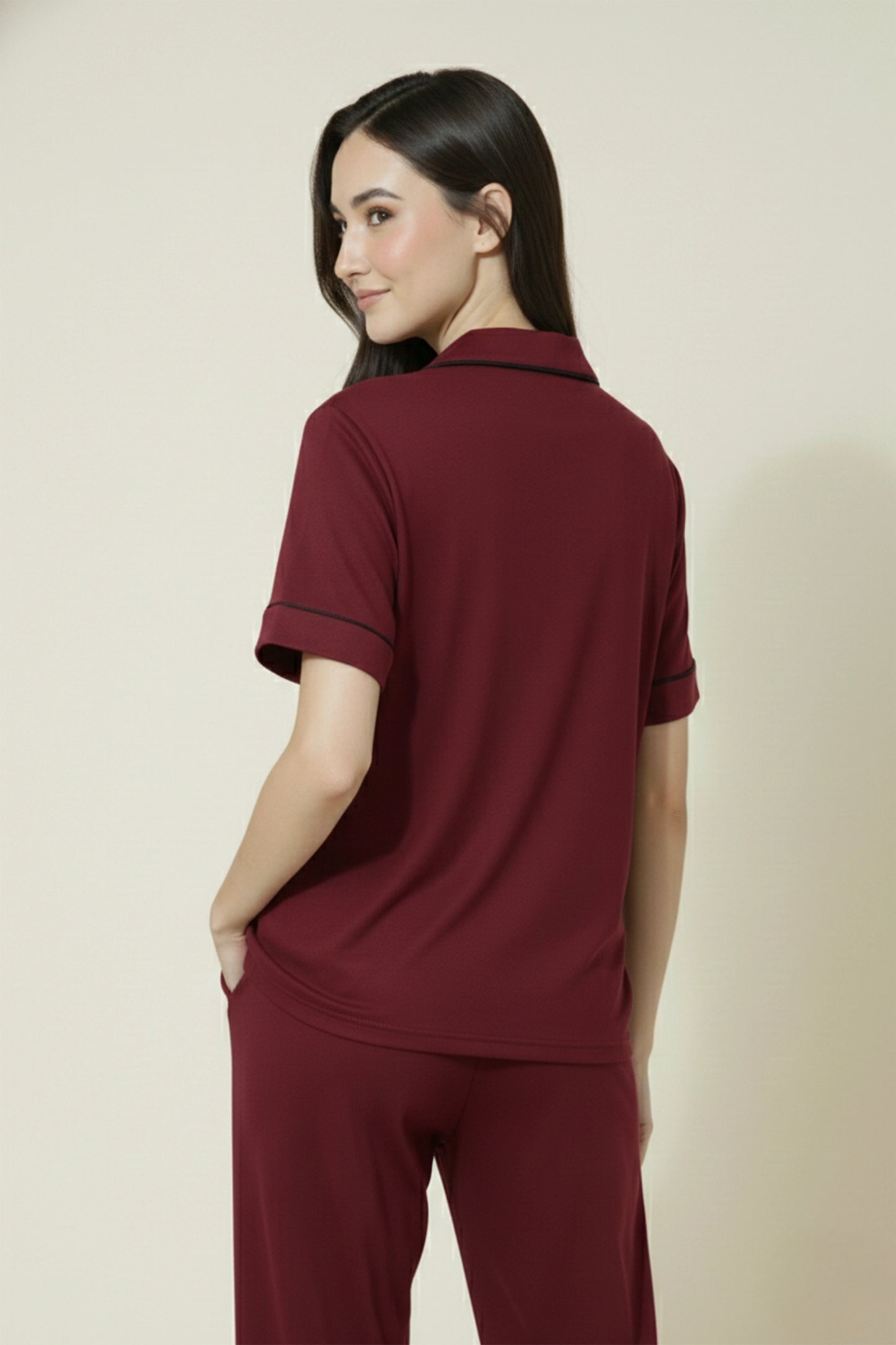 Maroon Cotton Night Suit for Women with Contrast Piping - Half Sleeve