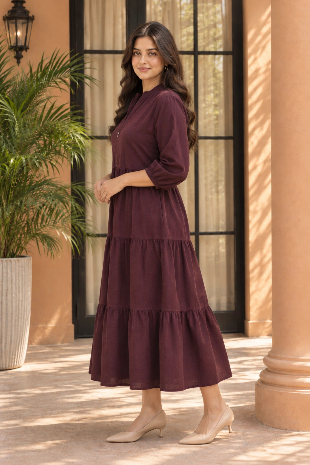Maroon Tiered Nursing Dress with Front Zipper