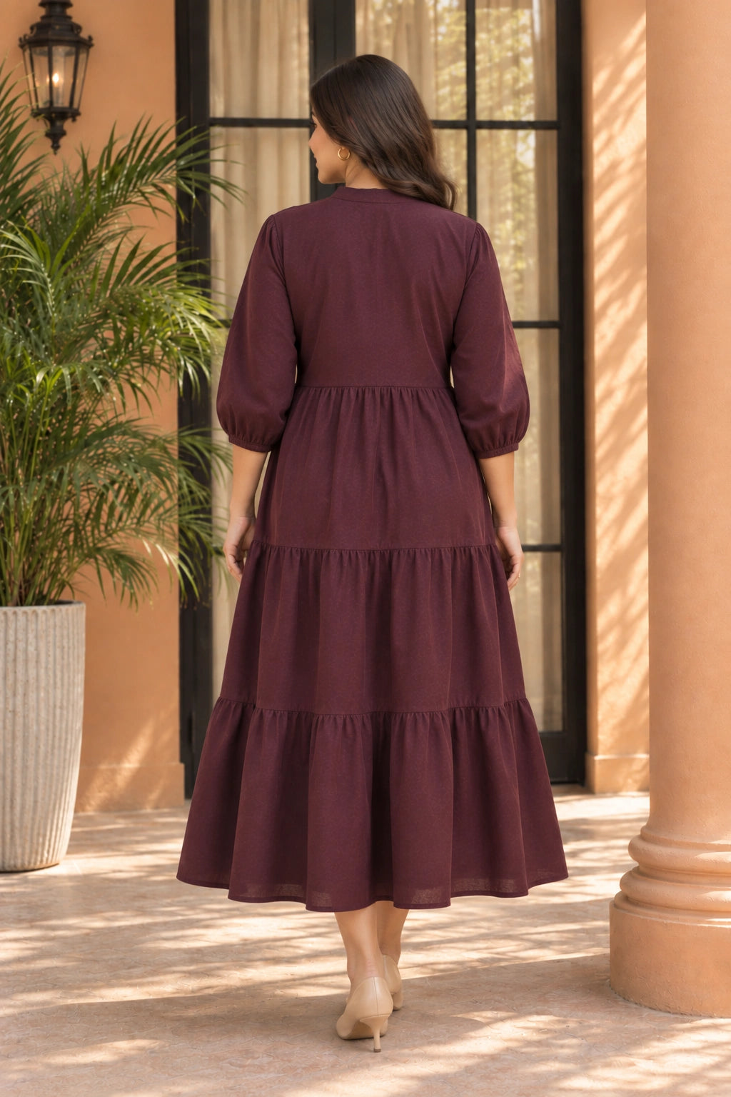Maroon Tiered Nursing Dress with Front Zipper