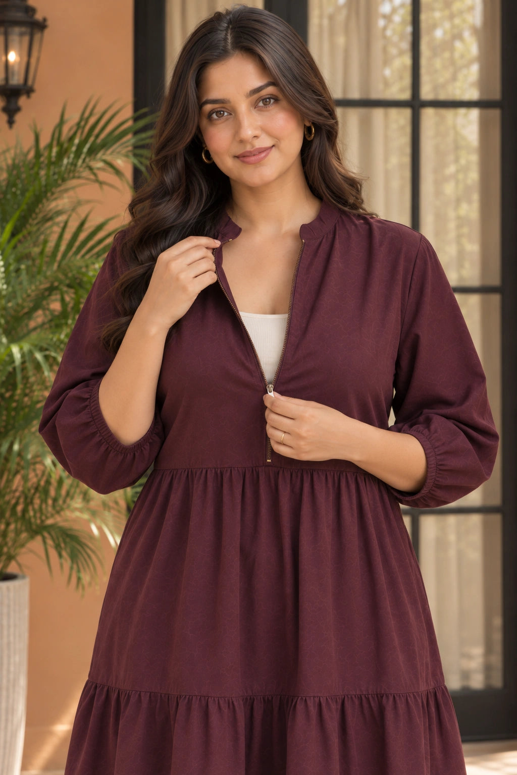 Maroon Tiered Nursing Dress with Front Zipper