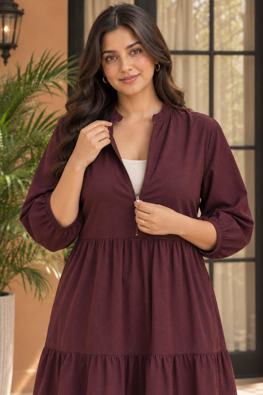 Maroon Tiered Nursing Dress with Front Zipper