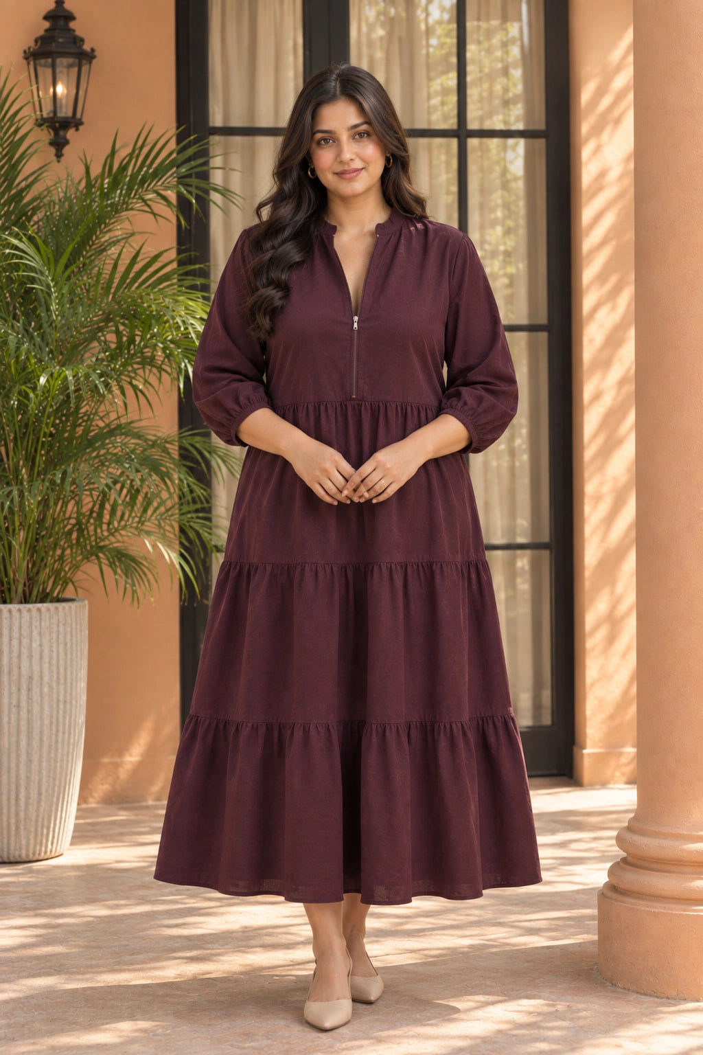 Maroon Tiered Nursing Dress with Front Zipper