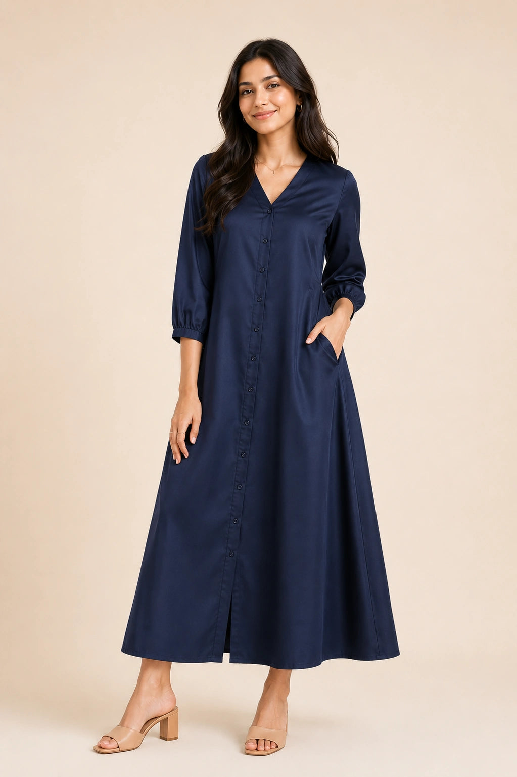 Navy Button Down A-Line Midi Dress with Pockets