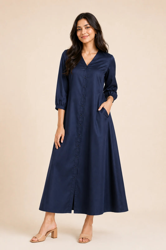 Navy Button Down A-Line Midi Dress with Pockets