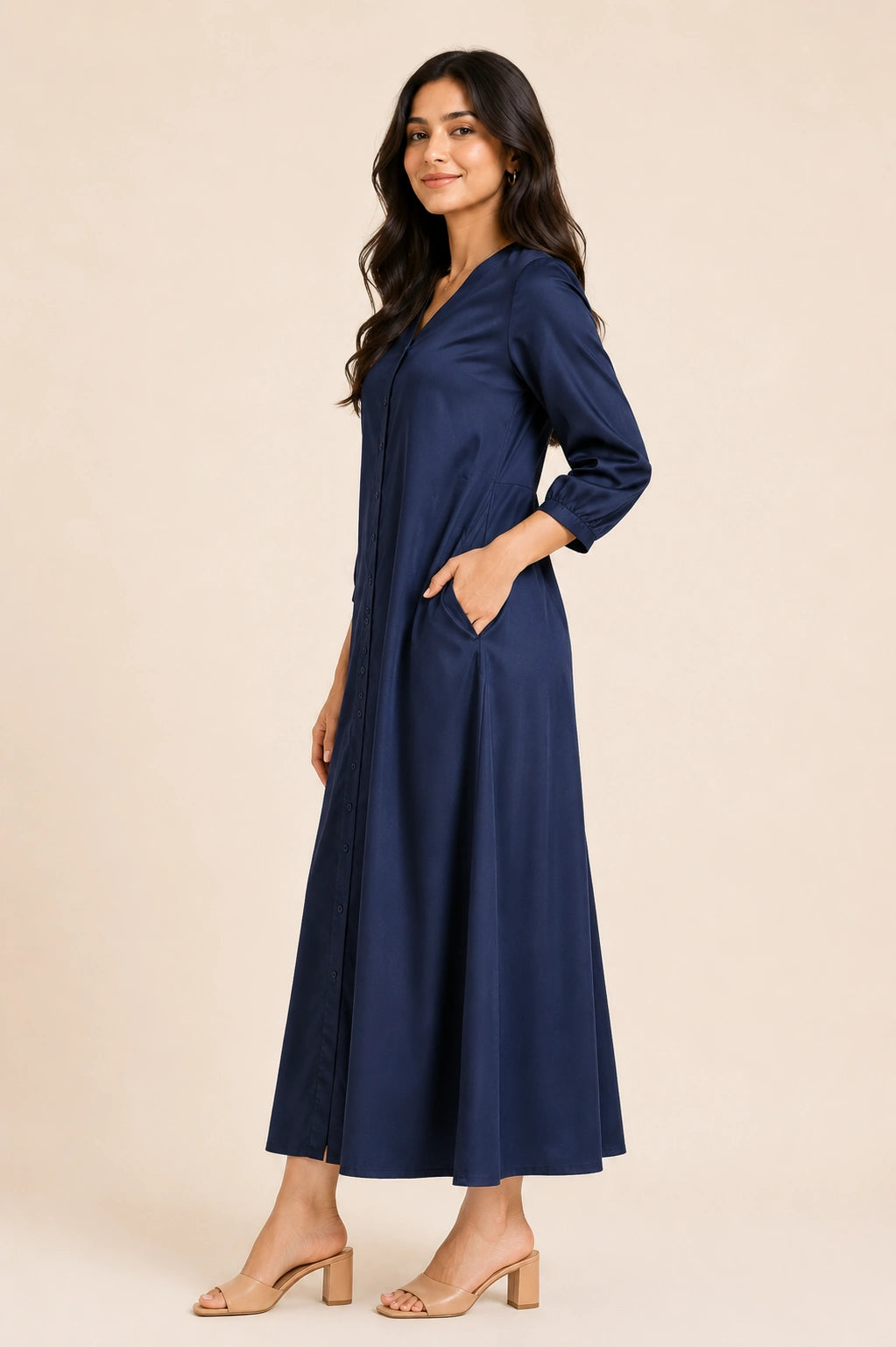 Navy Button Down A-Line Midi Dress with Pockets