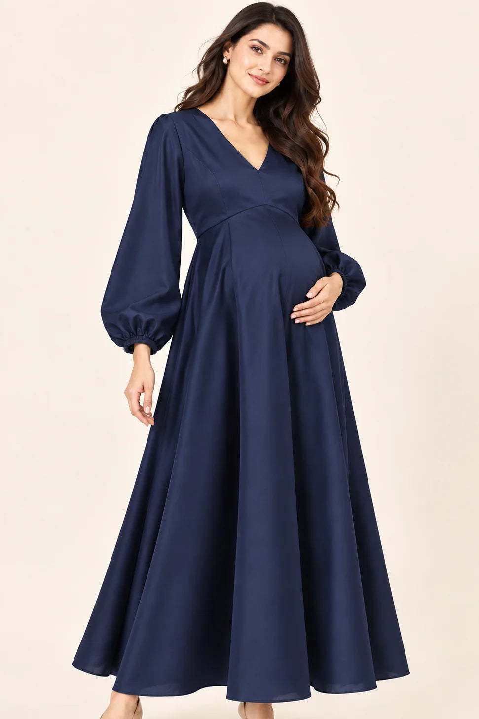 Navy Satin Maternity Gown with Balloon Sleeves