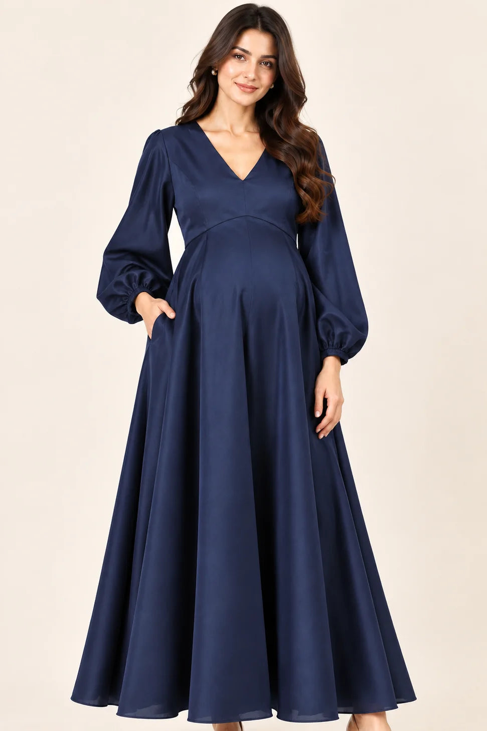 Navy Satin Maternity Gown with Balloon Sleeves