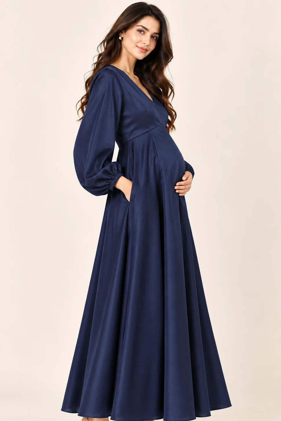 Navy Satin Maternity Gown with Balloon Sleeves