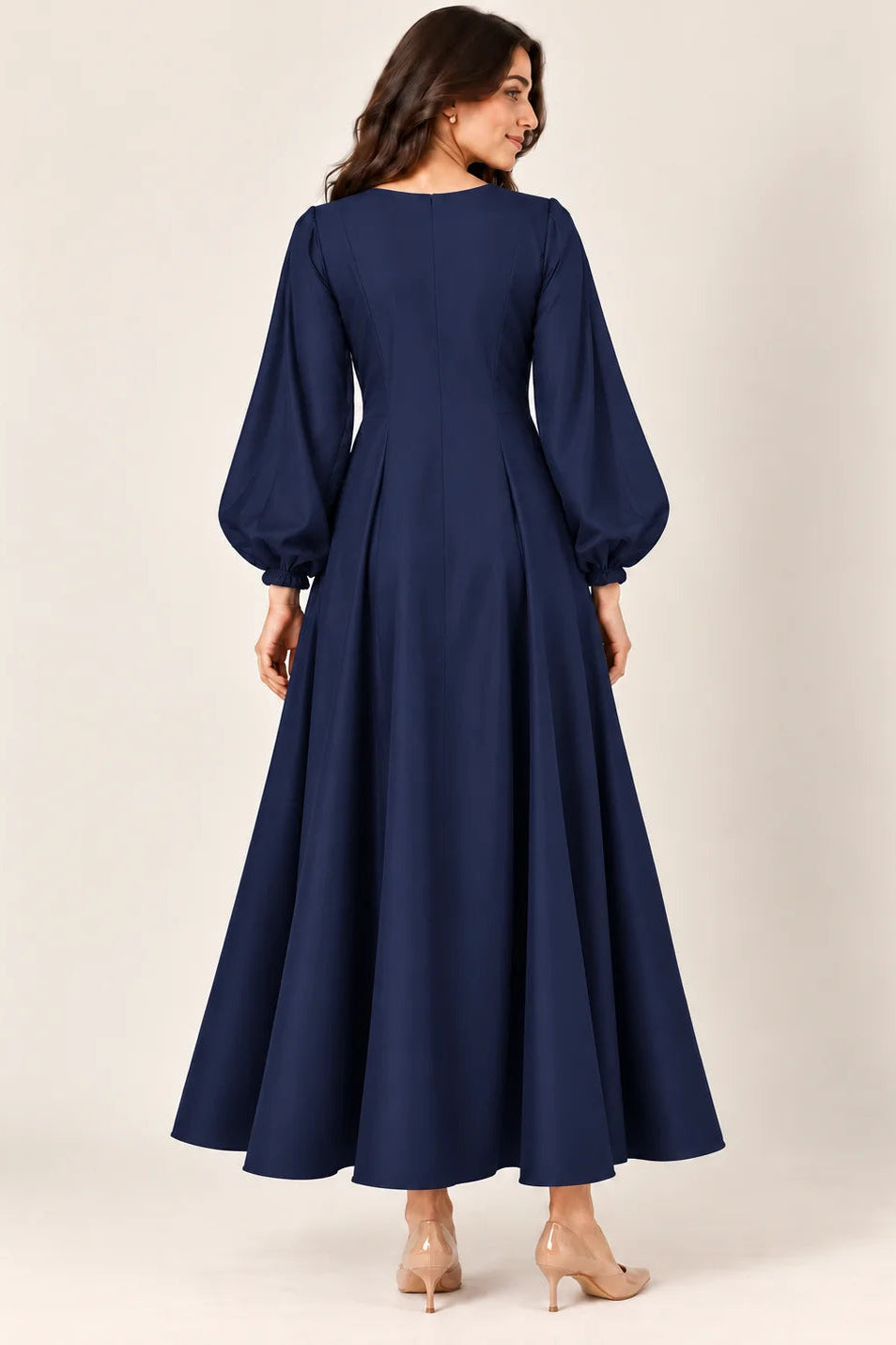 Navy Satin Maternity Gown with Balloon Sleeves