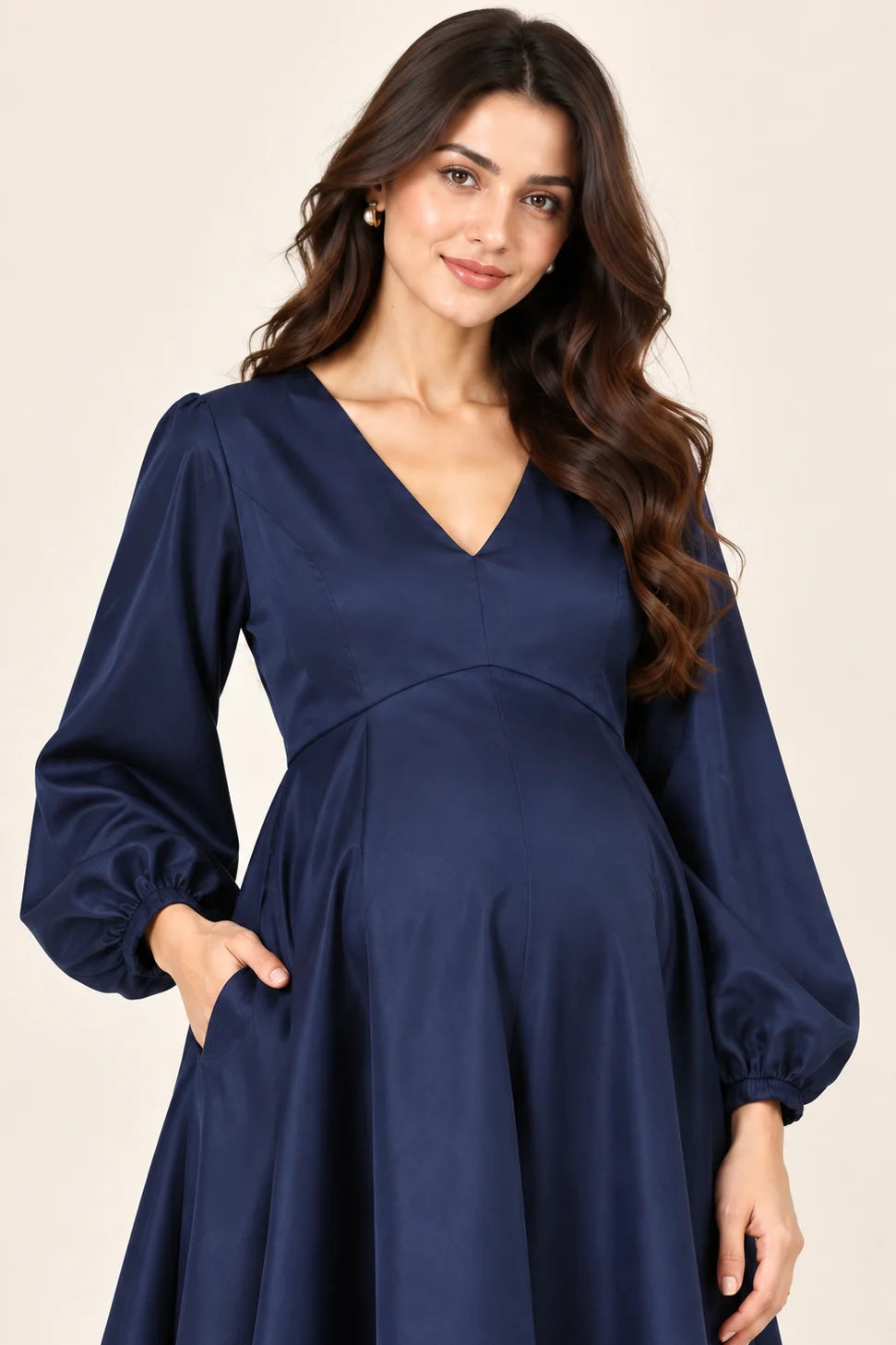 Navy Satin Maternity Gown with Balloon Sleeves