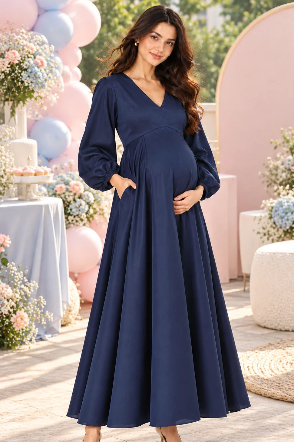 Navy Satin Maternity Gown with Balloon Sleeves