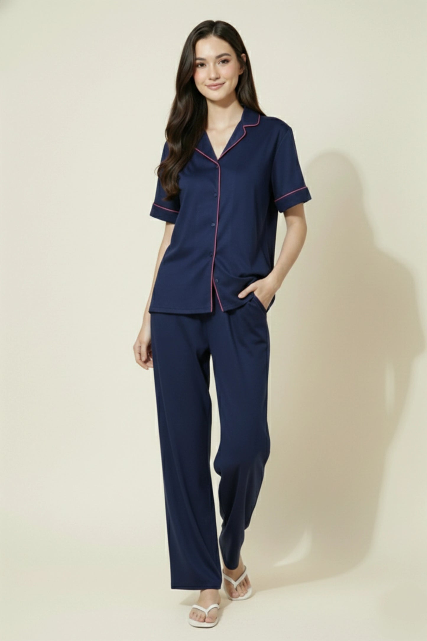 Navy Cotton Night Suit for Women with Contrast Piping - Half Sleeve