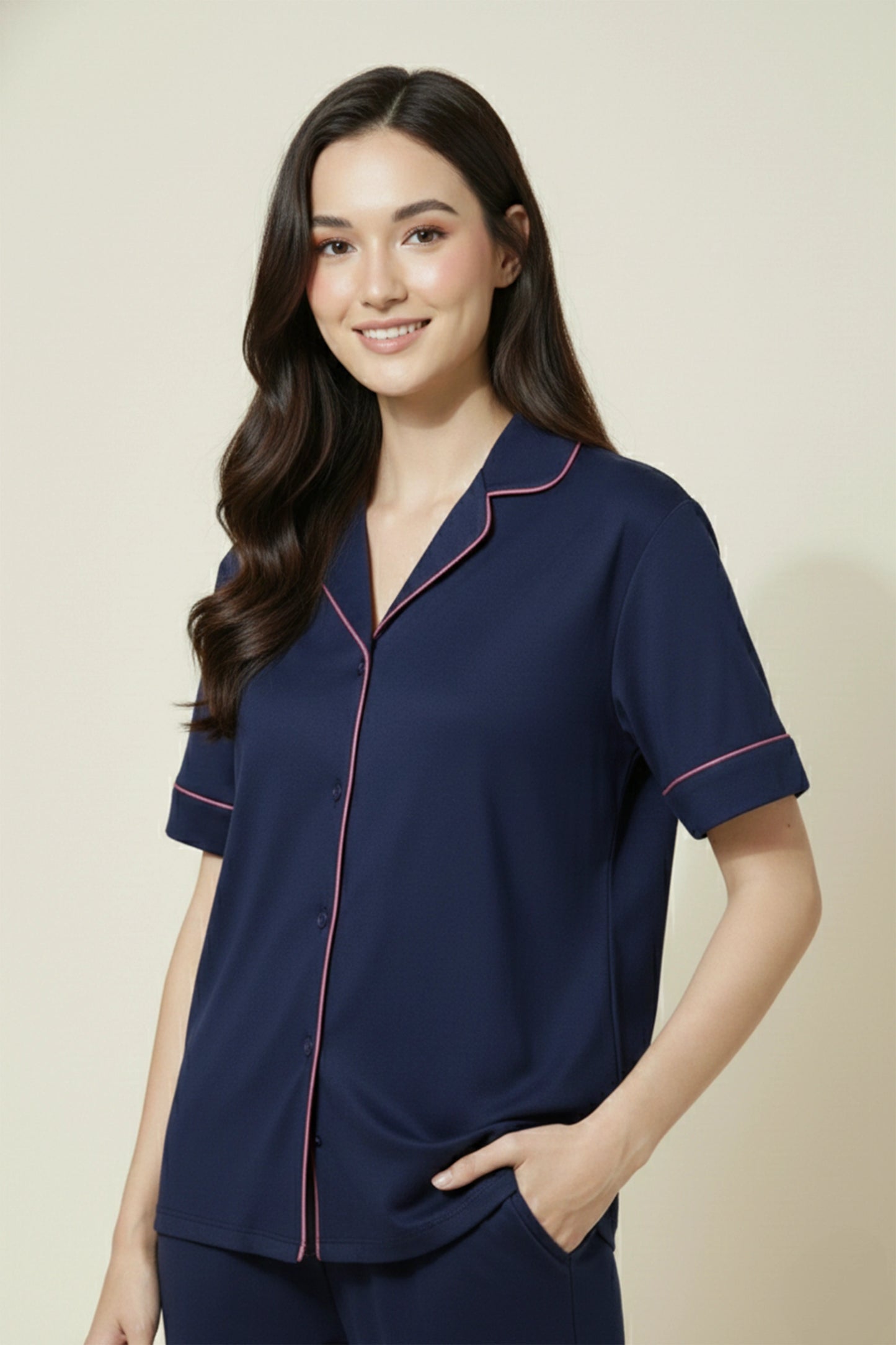 Navy Cotton Night Suit for Women with Contrast Piping - Half Sleeve
