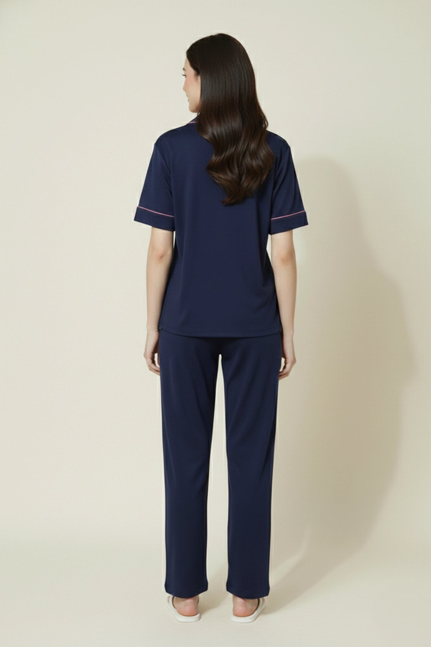 Navy Cotton Night Suit for Women with Contrast Piping - Half Sleeve