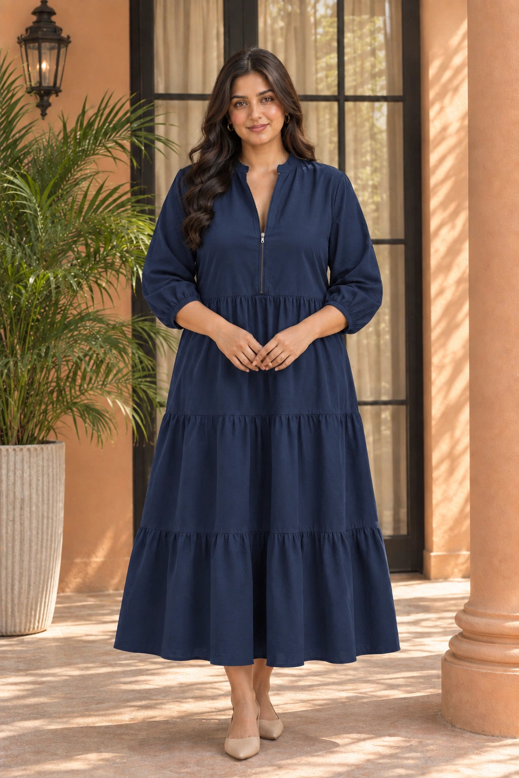Navy Tiered Nursing Dress with Front Zipper