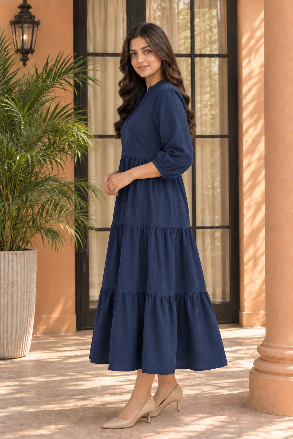 Navy Tiered Nursing Dress with Front Zipper