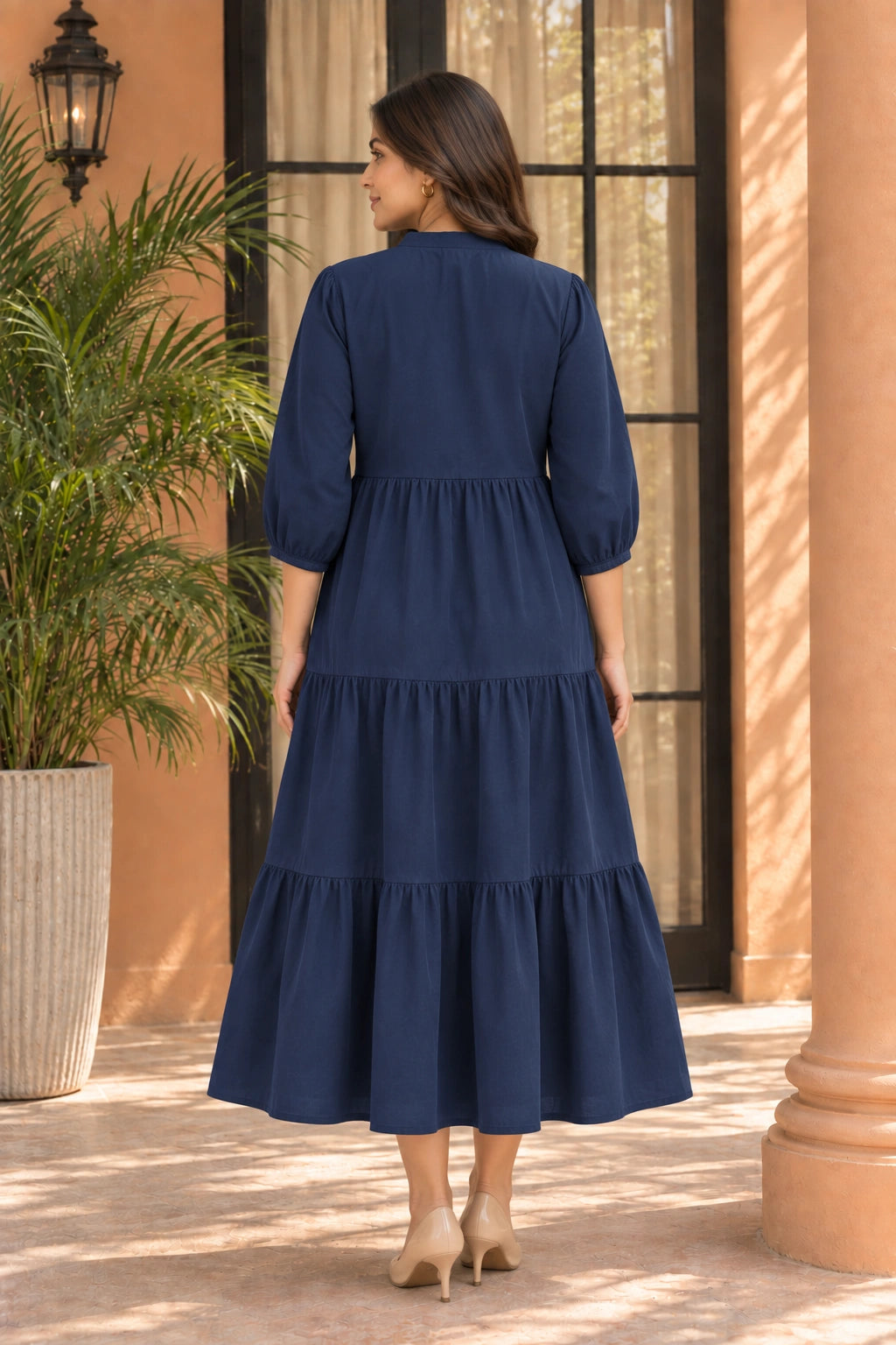 Navy Tiered Nursing Dress with Front Zipper