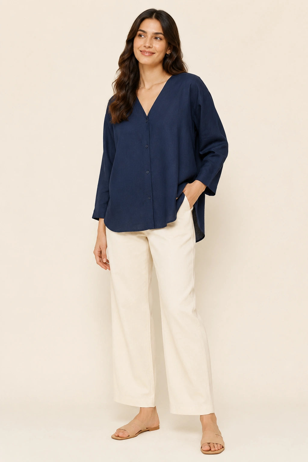 Navy V-Neck Button-Down Relaxed Fit Top
