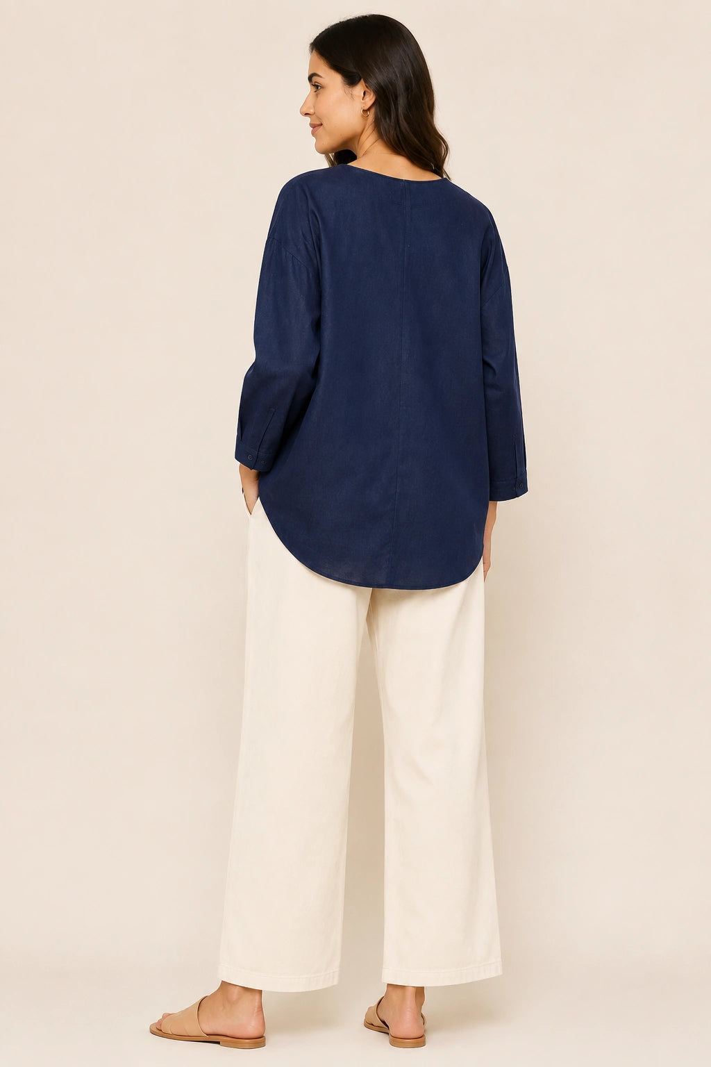 Navy V-Neck Button-Down Relaxed Fit Top