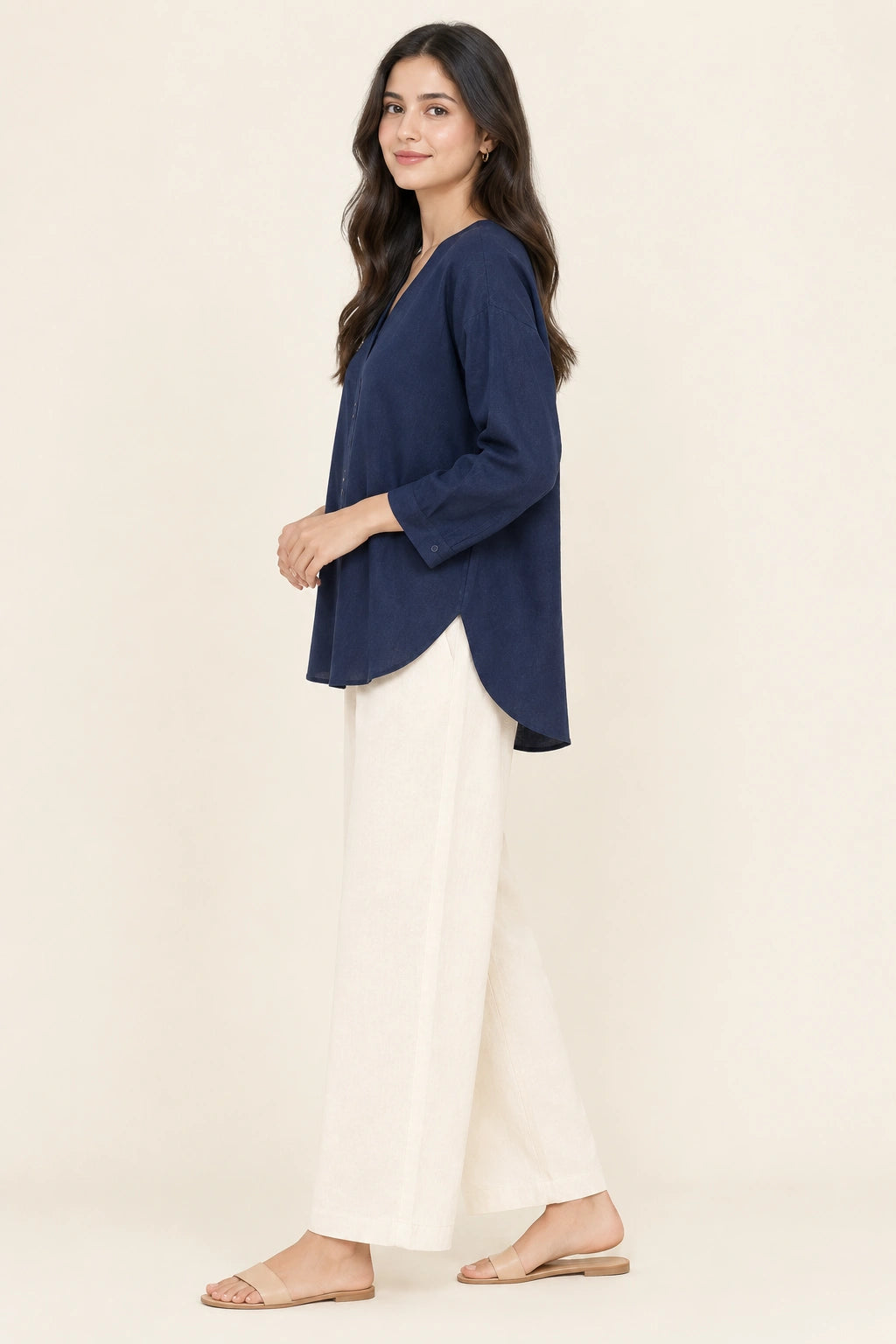 Navy V-Neck Button-Down Relaxed Fit Top