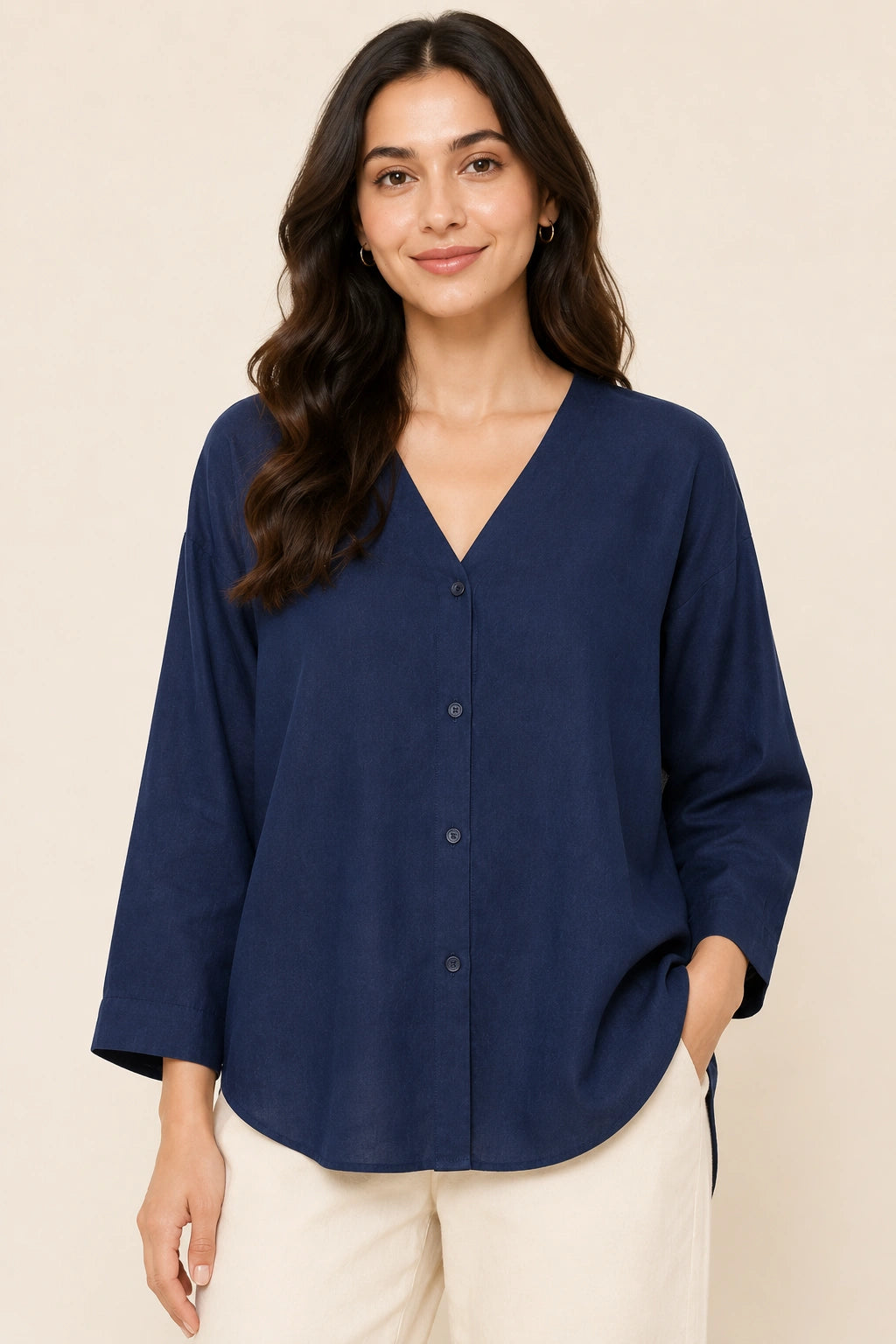 Navy V-Neck Button-Down Relaxed Fit Top
