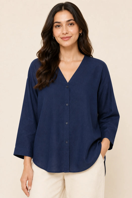 Navy V-Neck Button-Down Relaxed Fit Top
