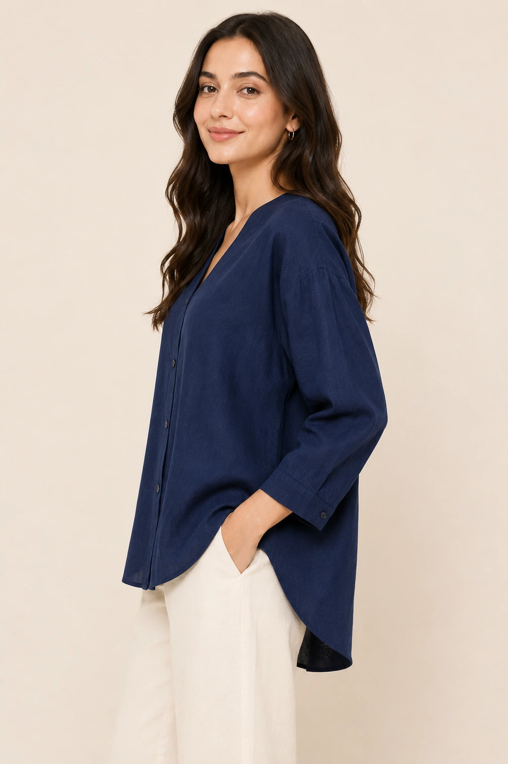 Navy V-Neck Button-Down Relaxed Fit Top