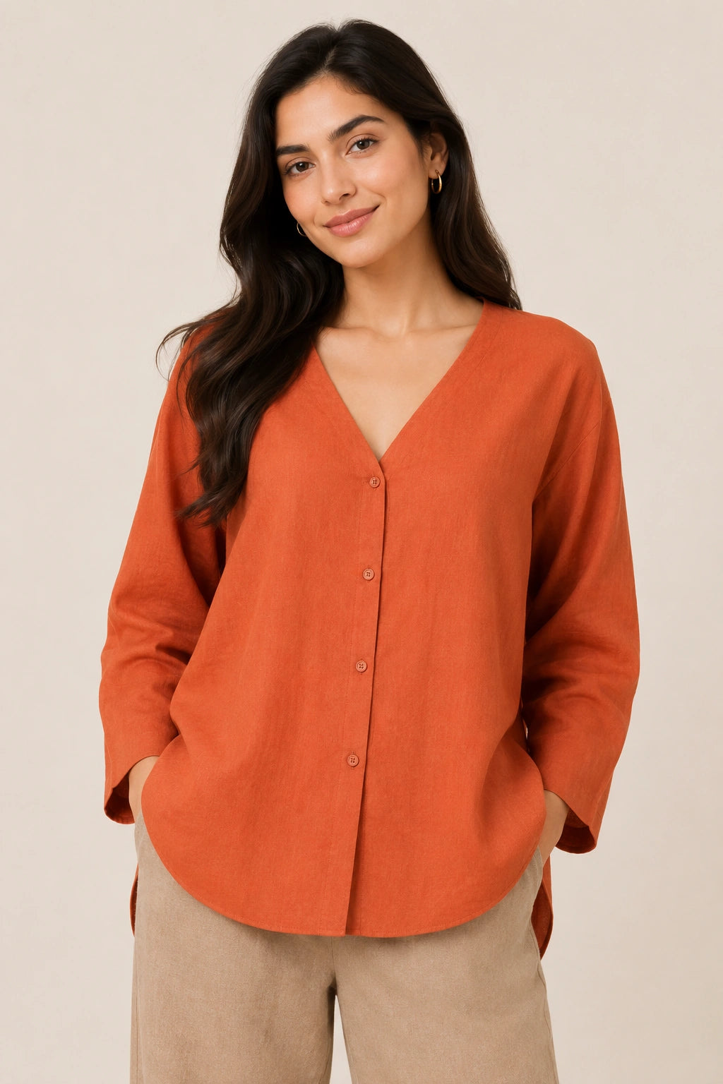 Terracotta V-Neck Button-Down Relaxed Fit Top