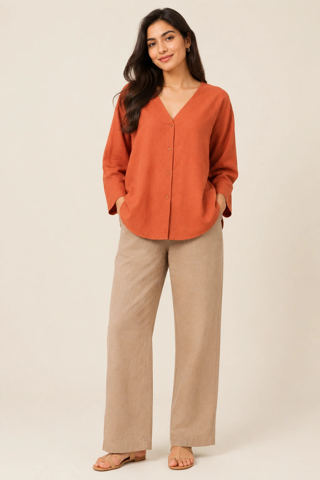 Terracotta V-Neck Button-Down Relaxed Fit Top