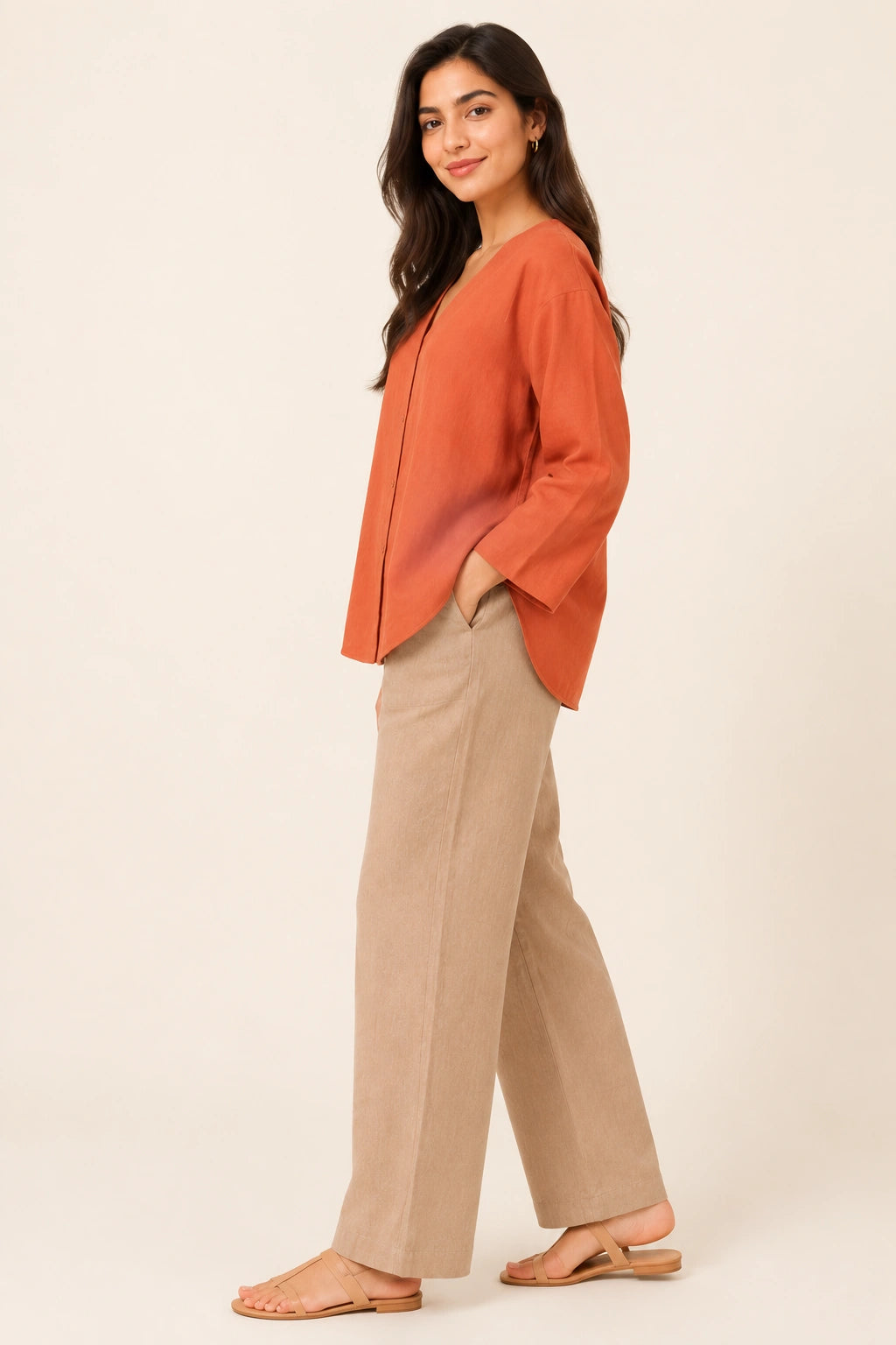 Terracotta V-Neck Button-Down Relaxed Fit Top