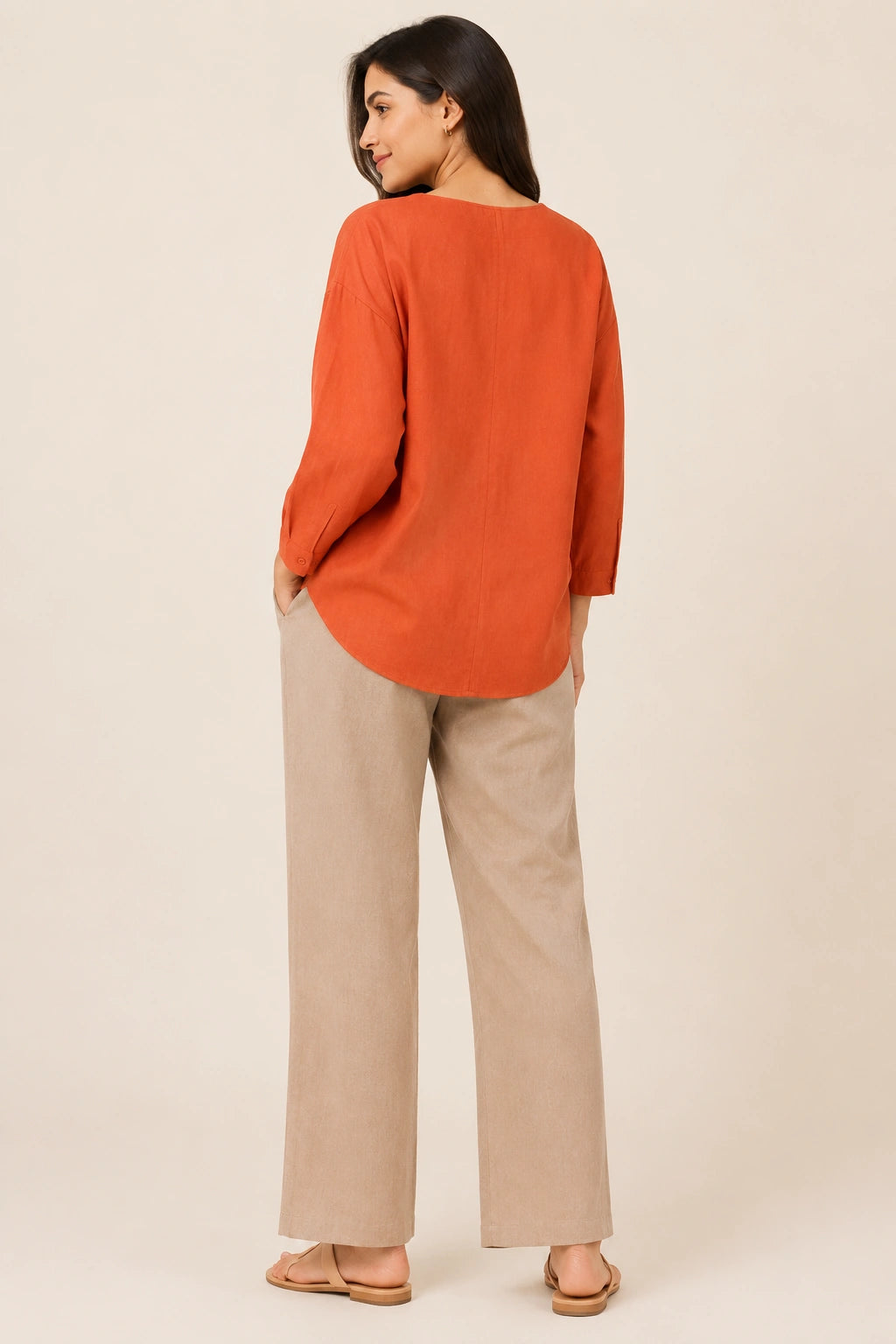 Terracotta V-Neck Button-Down Relaxed Fit Top