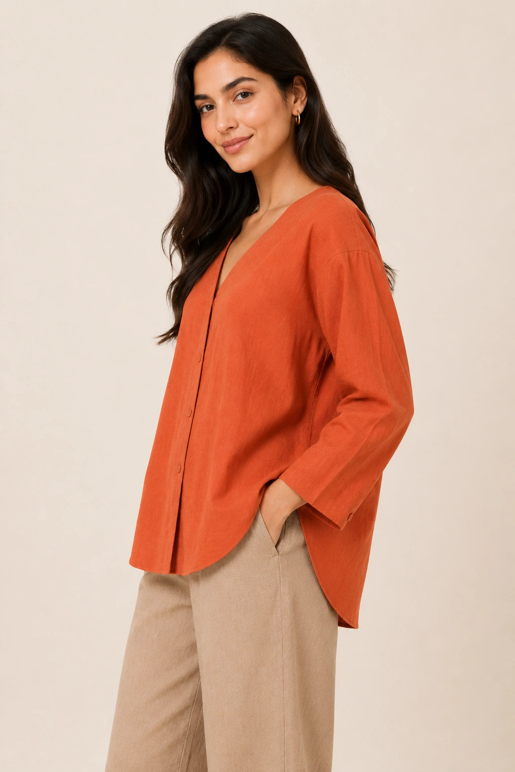 Terracotta V-Neck Button-Down Relaxed Fit Top