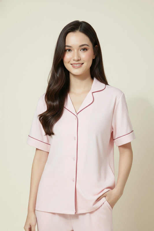 Pastel Pink Cotton Night Suit for Women with Contrast Piping - Half Sleeve