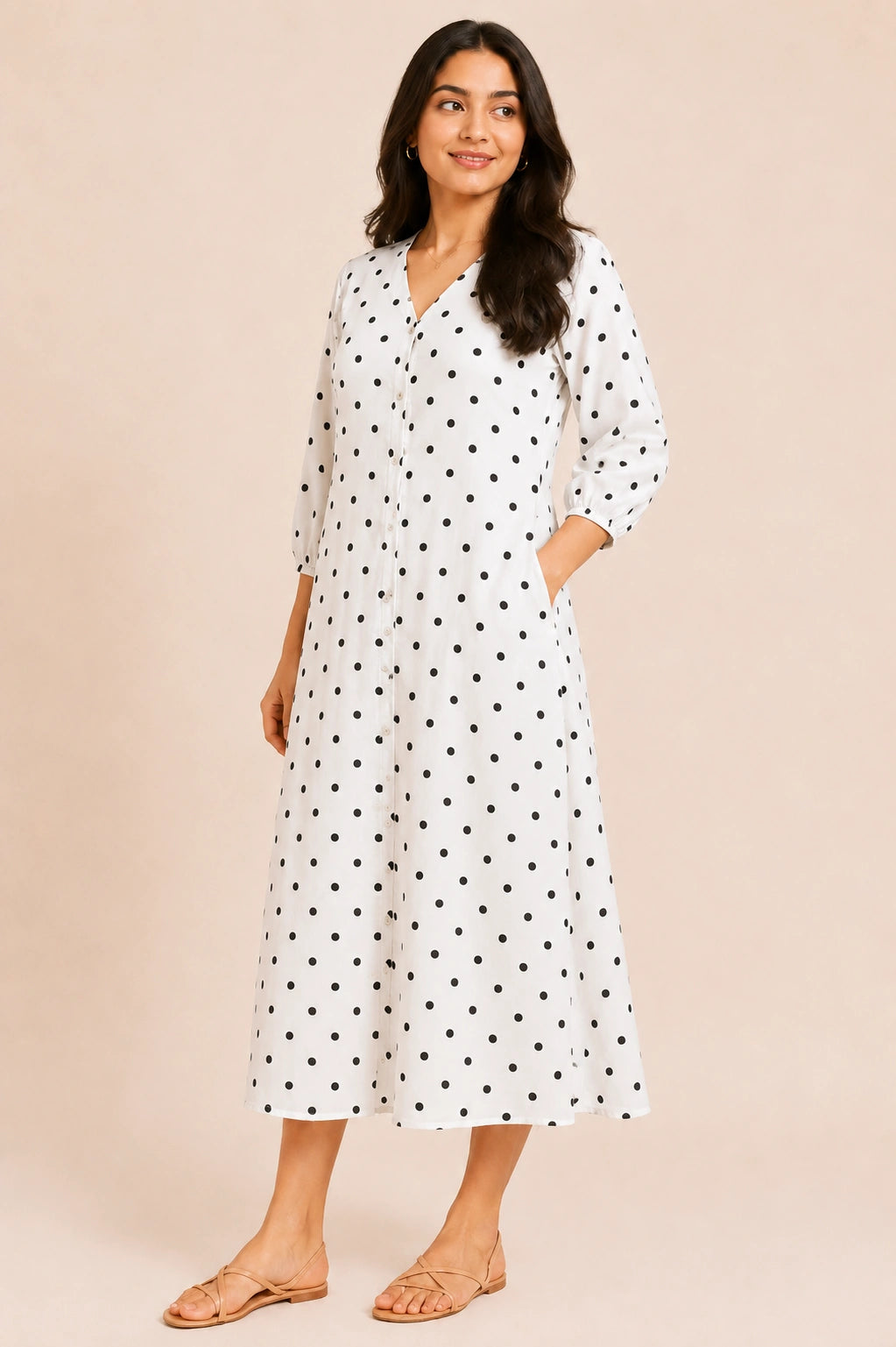 Noir V-Neck Button-Down Midi Dress
