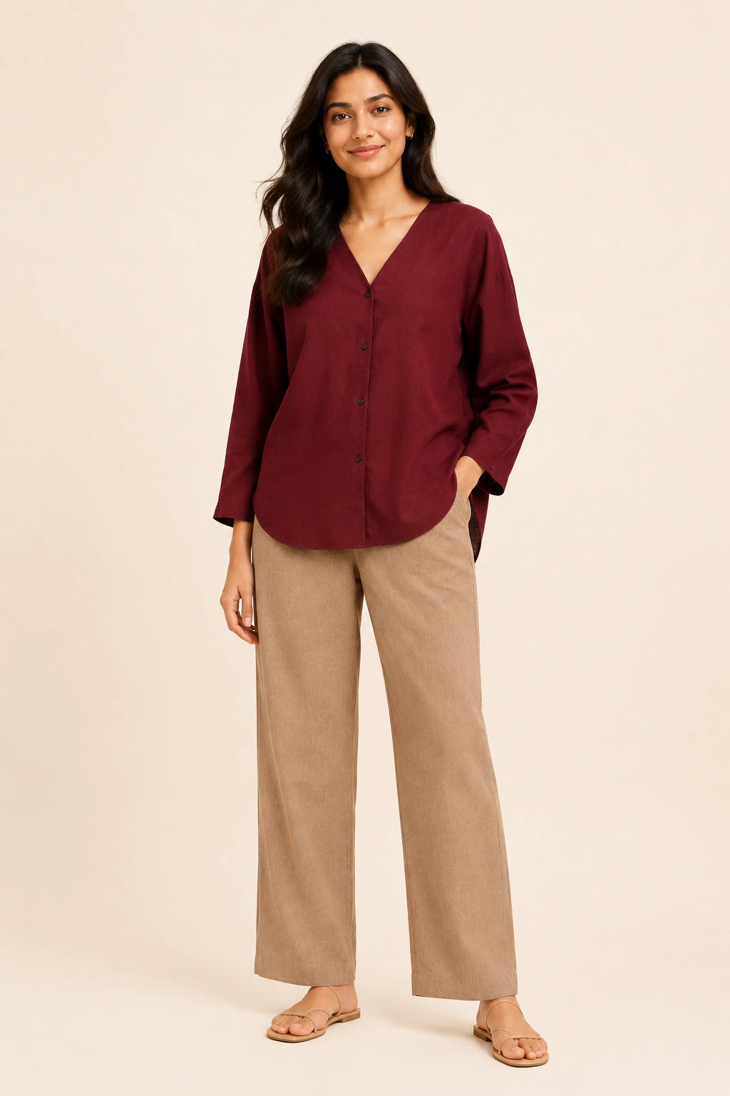 Red V-Neck Button-Down Relaxed Fit Top