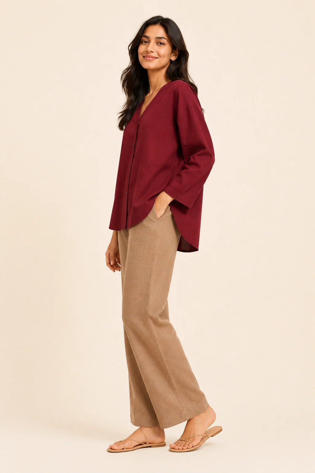 Red V-Neck Button-Down Relaxed Fit Top