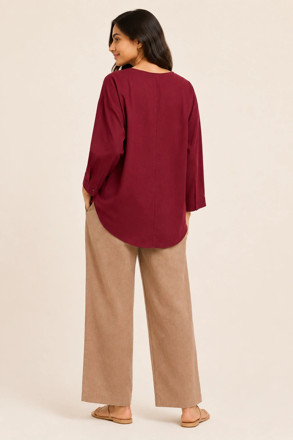 Red V-Neck Button-Down Relaxed Fit Top