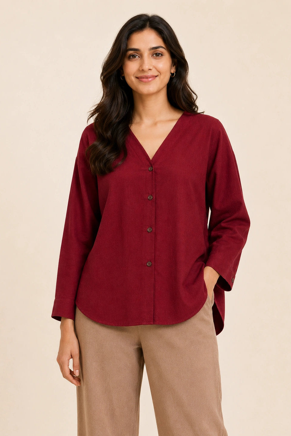 Red V-Neck Button-Down Relaxed Fit Top