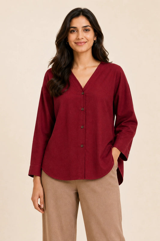Red V-Neck Button-Down Relaxed Fit Top