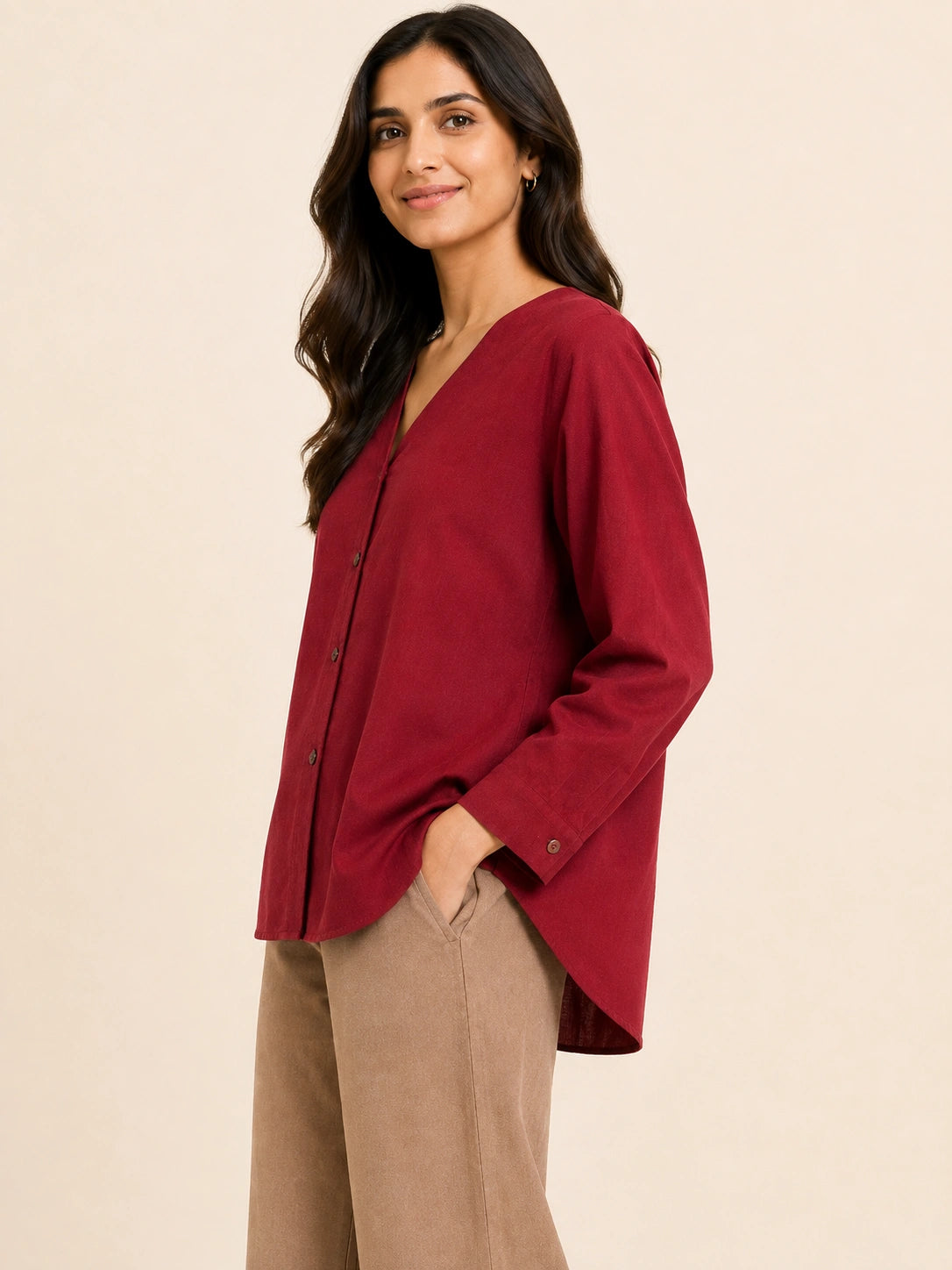 Red V-Neck Button-Down Relaxed Fit Top