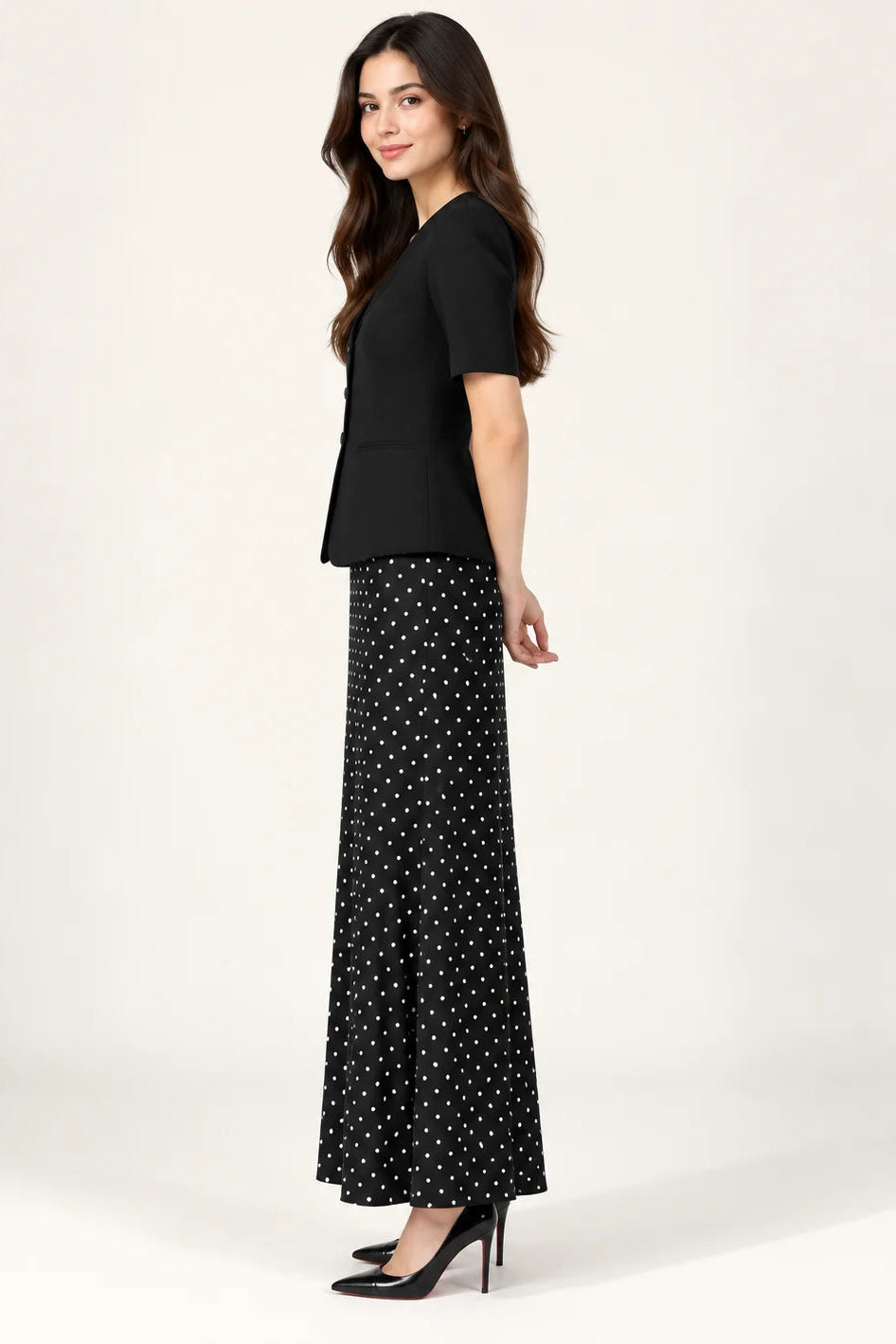 Selóra Satin Maxi Skirt for Women- Black Polka Dot